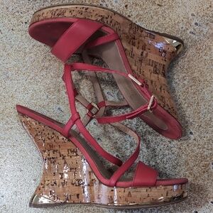 Salvatore Ferragamo | Red Cork Glossy Gold Wedge Sandals Size 8.5